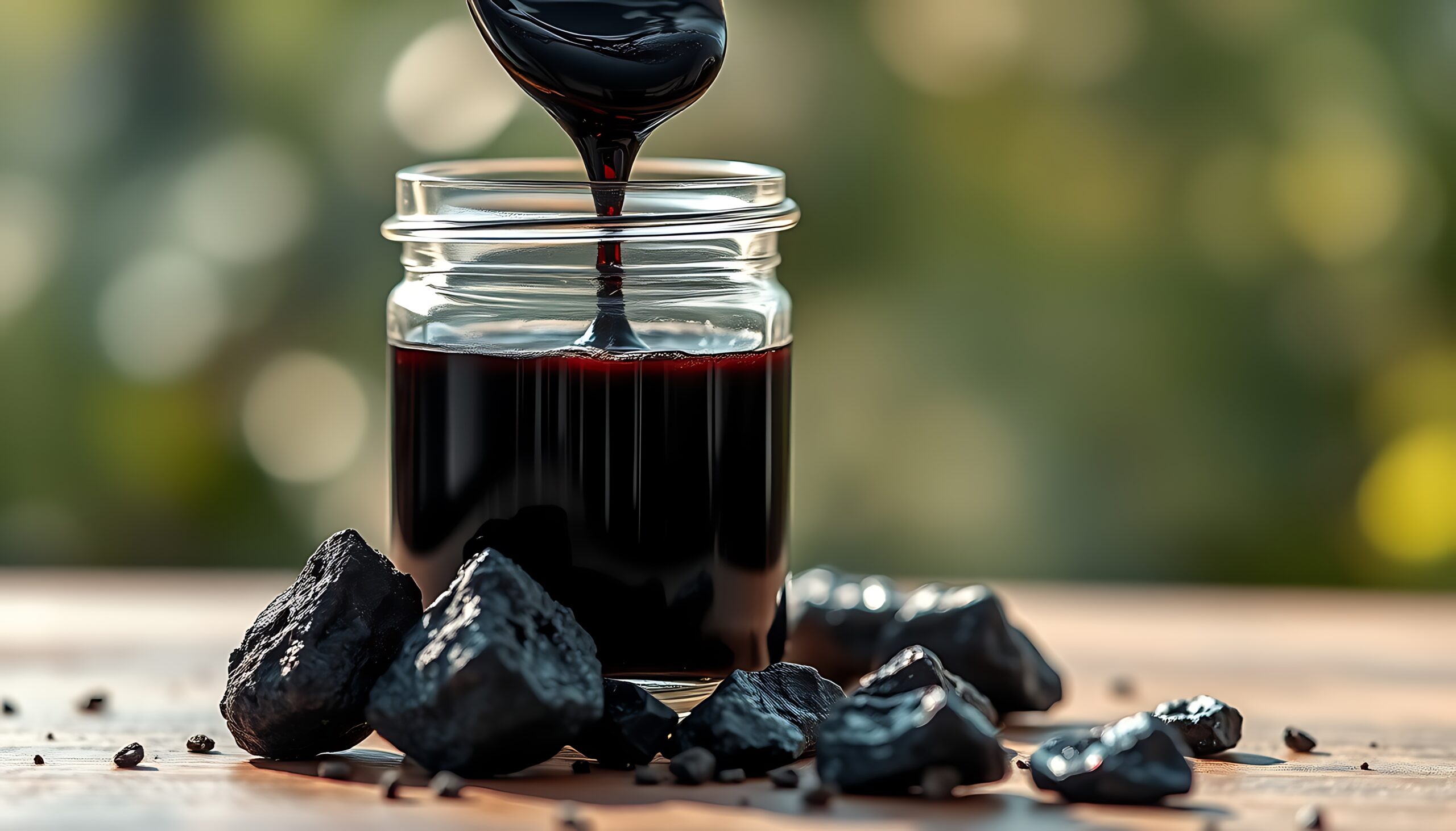 detailed-close-up-open-black-jar-liquid-shilajit-with-spoon-rocky-surface-with-sunlight-greenery-background-scaled Fish Meal